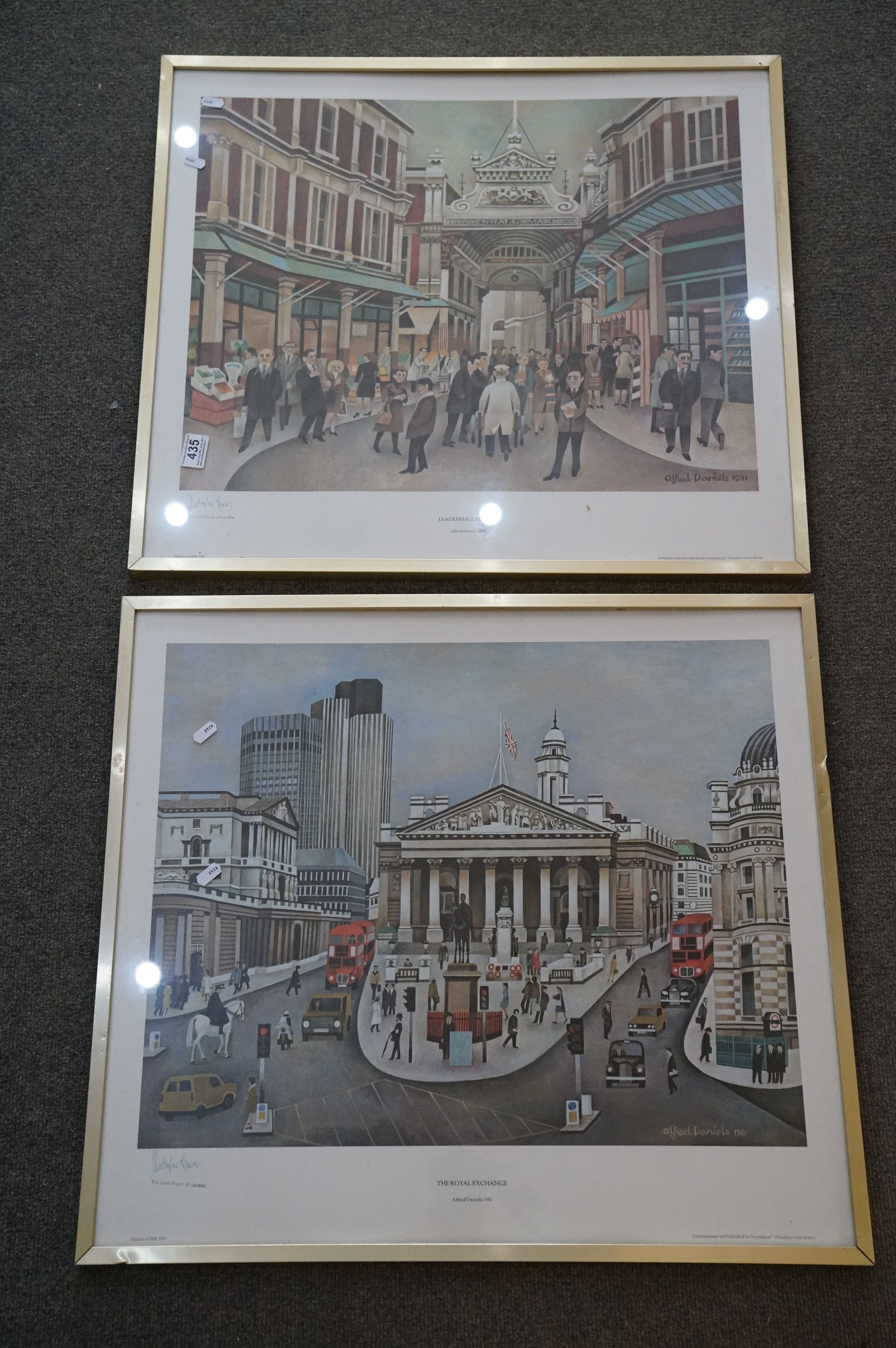 Two framed and glazed 1981 limited edition prints, Leadenhall Market and Royal Exchange, both signed