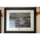 Framed & glazed woodblock scene of figures in a dwelling tending birds in cages