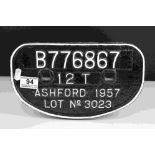 Cast Iron Wagon plate Ashford 1957