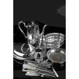 A box of mixed silver plated items to include a coffee pot, cream jug, sugar shaker and a quantity