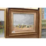 Framed Impressionist oil painting of a Victorian beach gathering with horse & beach huts