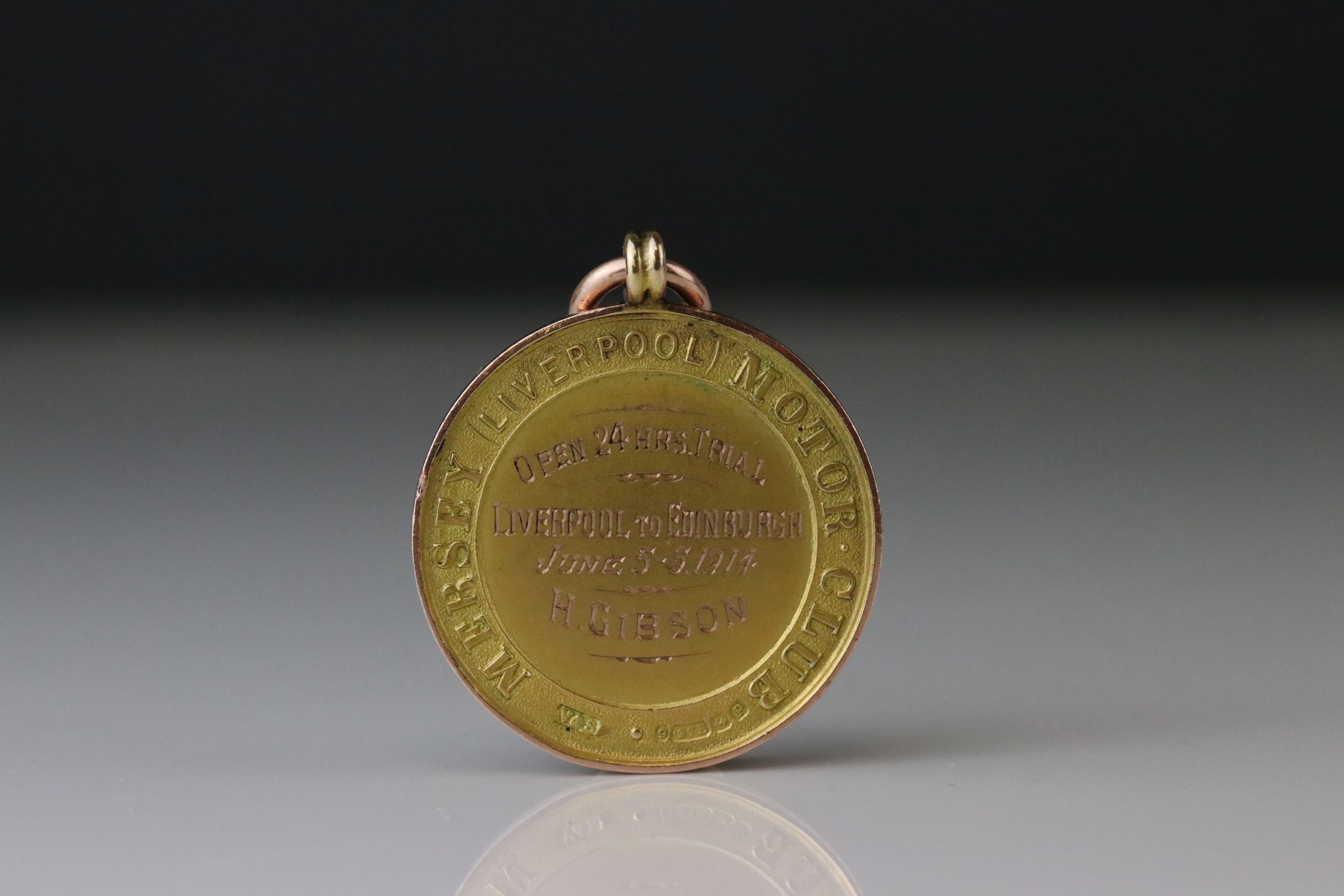 Early 20th century 9ct yellow gold Mersey Liverpool Motor Club medallion in rose metal pendant - Image 2 of 4