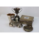 A collection of fully hallmarked sterling silver to include Cigarette box, Trophy, astray, mustard