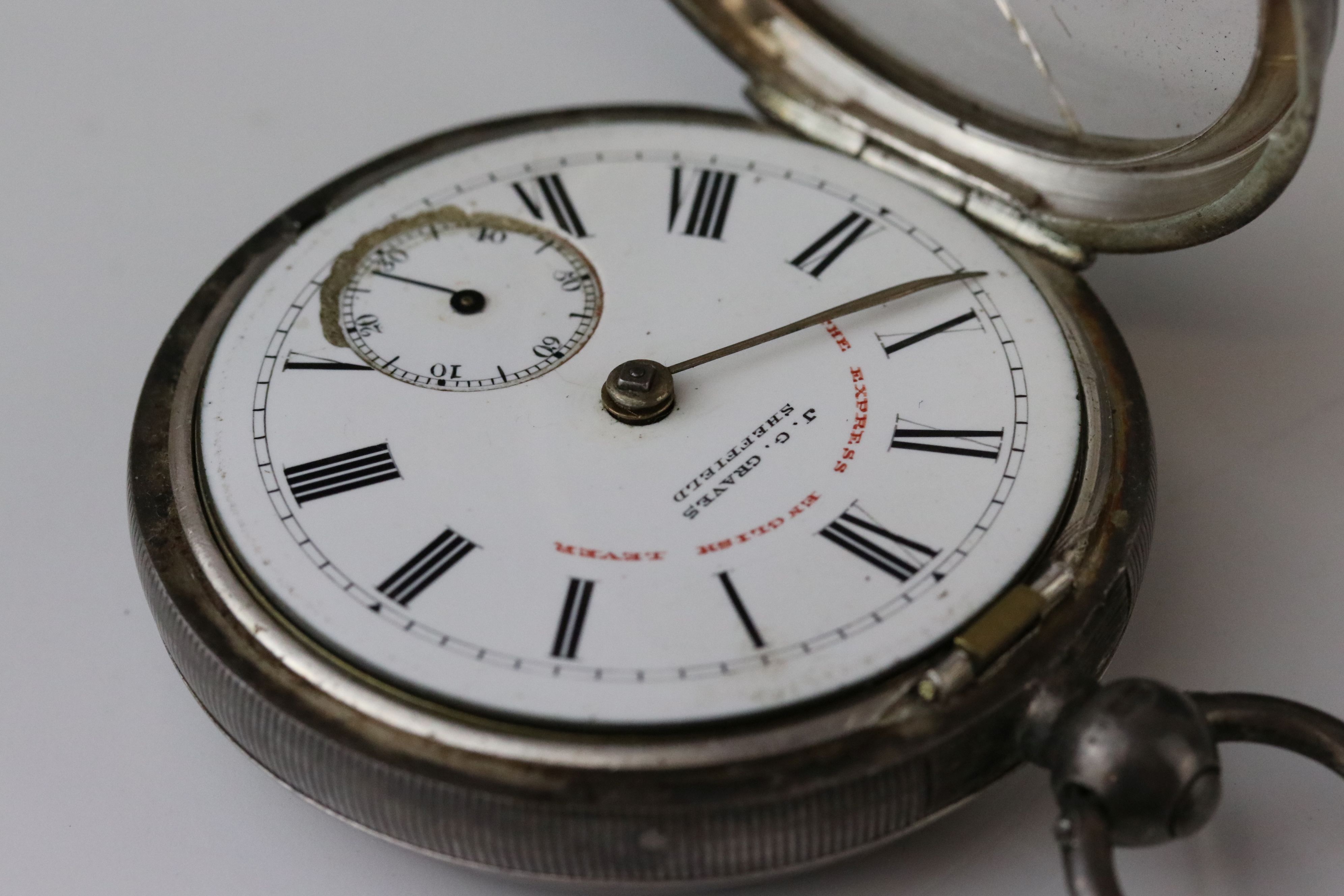 Victorian silver open face key wind pocket watch, J G Graves Sheffield, white enamel dial and - Image 7 of 7