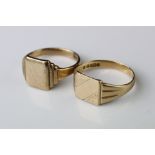 9ct gold signet ring, blank square cartouche, stepped shoulders, ring size T; together with with a