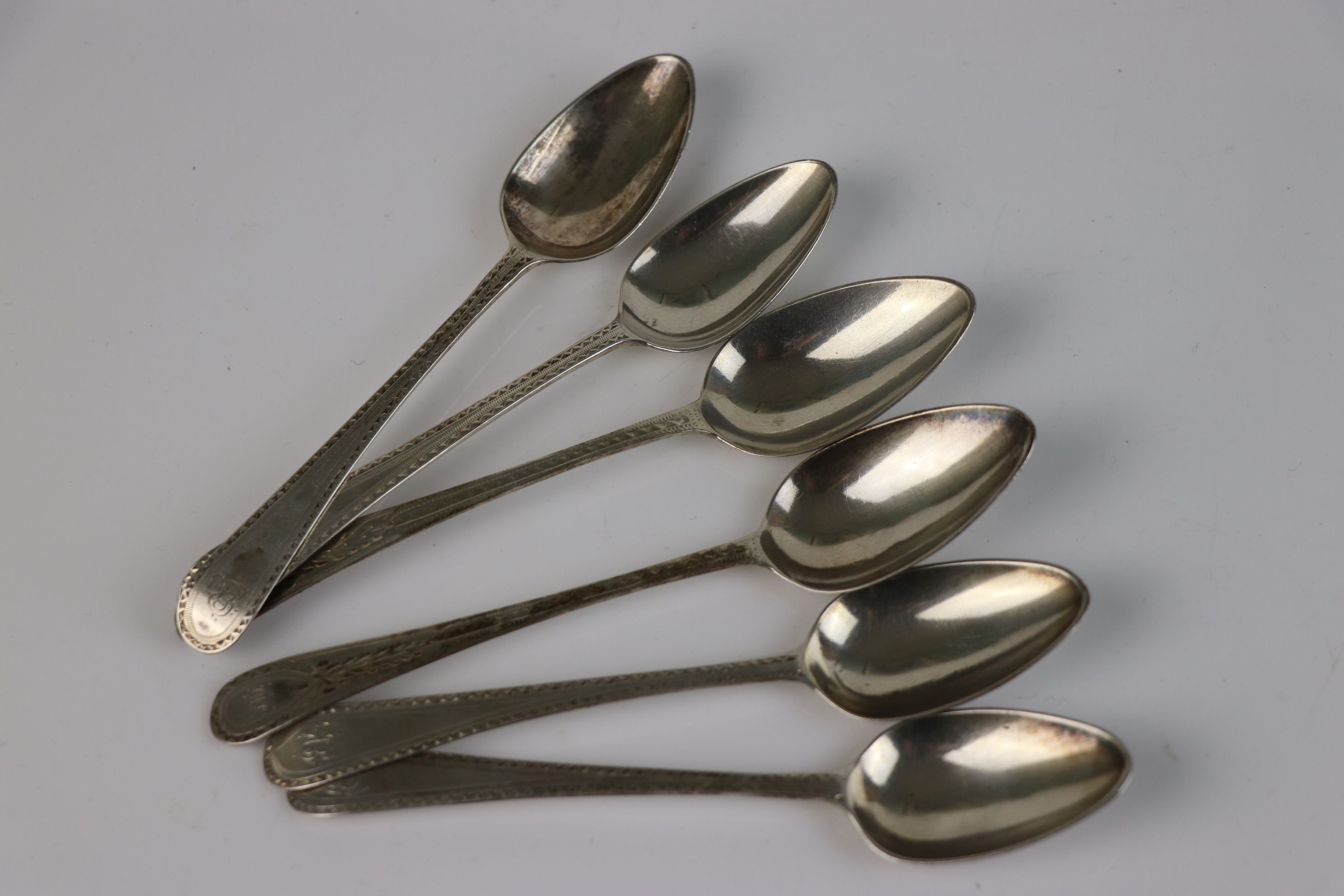 A set of six fully hallmarked sterling silver Georgian bright cut teaspoons, maker marked I.B. Assay