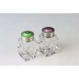 Pair of Norwegian Sterling Silver and Cut Glass Pepperettes, one lid set with Purple Guilloche