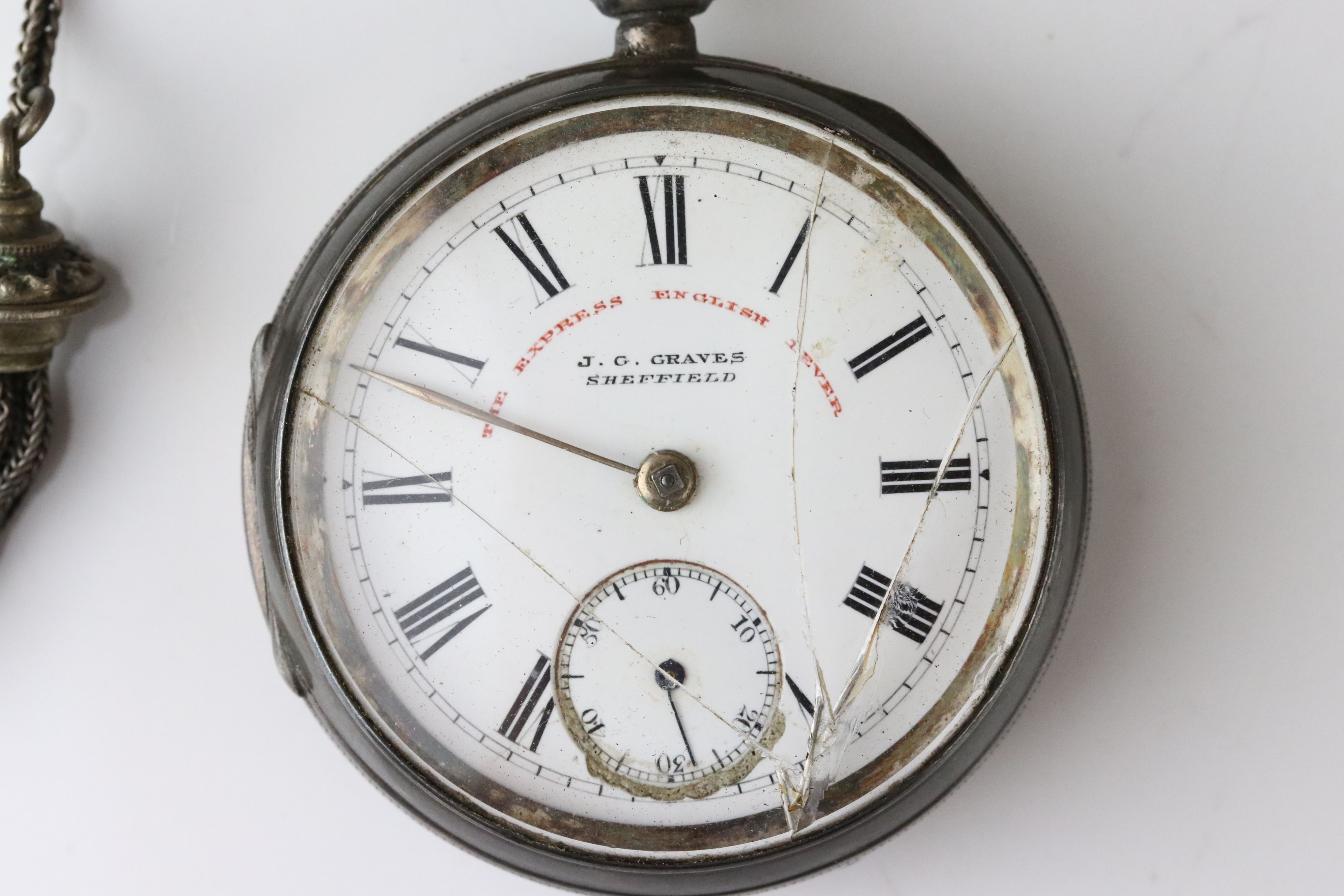 Victorian silver open face key wind pocket watch, J G Graves Sheffield, white enamel dial and - Image 2 of 7