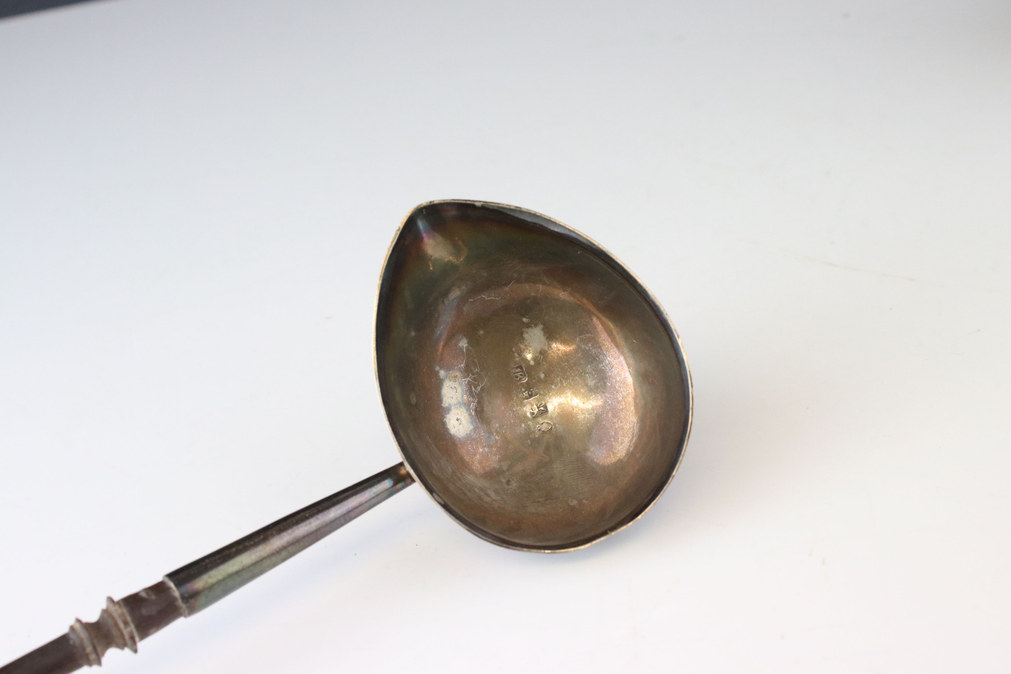 George II silver wooden stemmed toddy ladle, makers initials possible WI, hallmarked London 1757, - Image 4 of 9