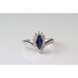 Sapphire and diamond 18ct white gold ring, the pear shaped blue sapphire measuring approx 8mm x 4mm,