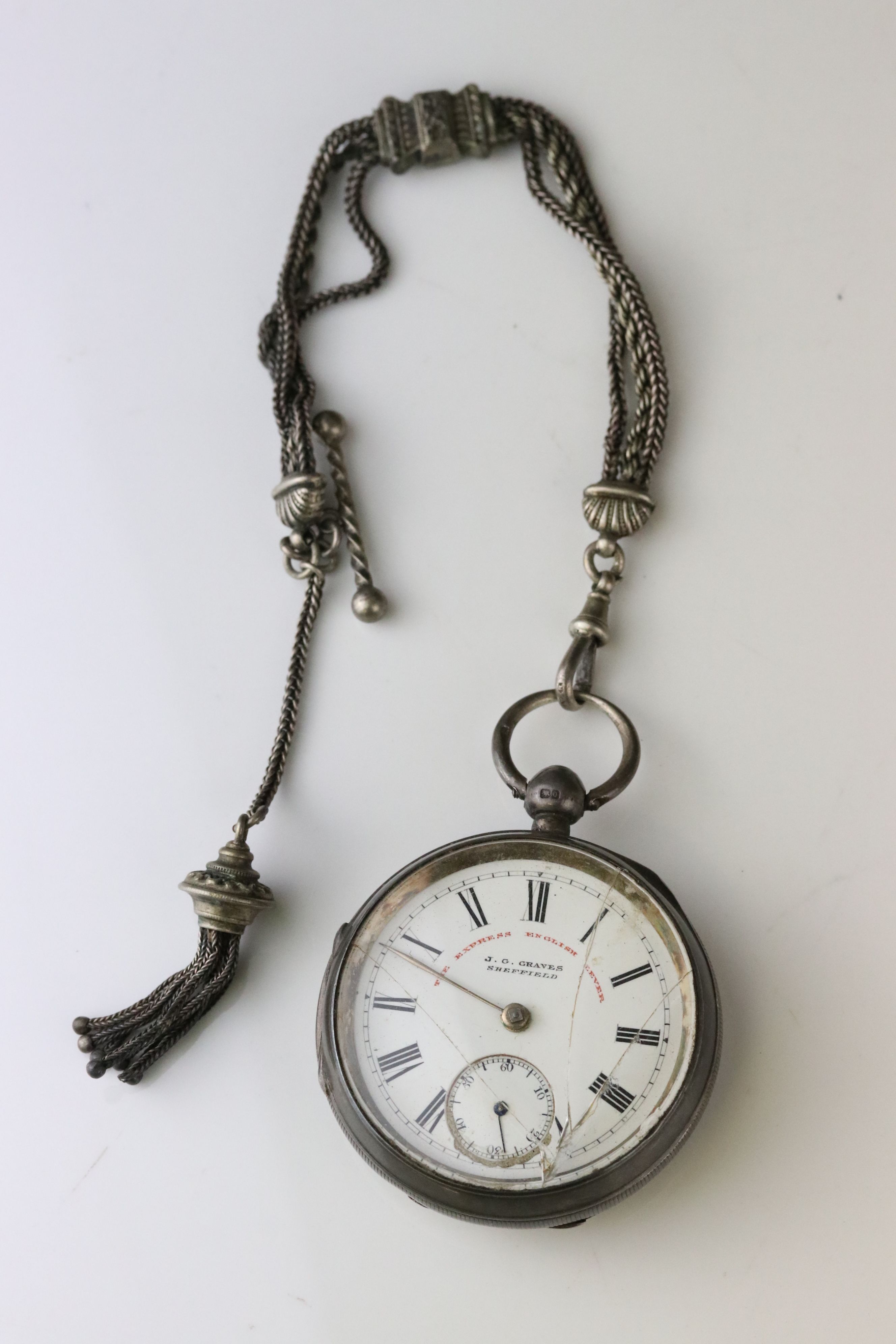 Victorian silver open face key wind pocket watch, J G Graves Sheffield, white enamel dial and