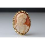 Shell cameo 9ct yellow gold brooch, the cameo depicting a young girl in profile, signed verso, rub