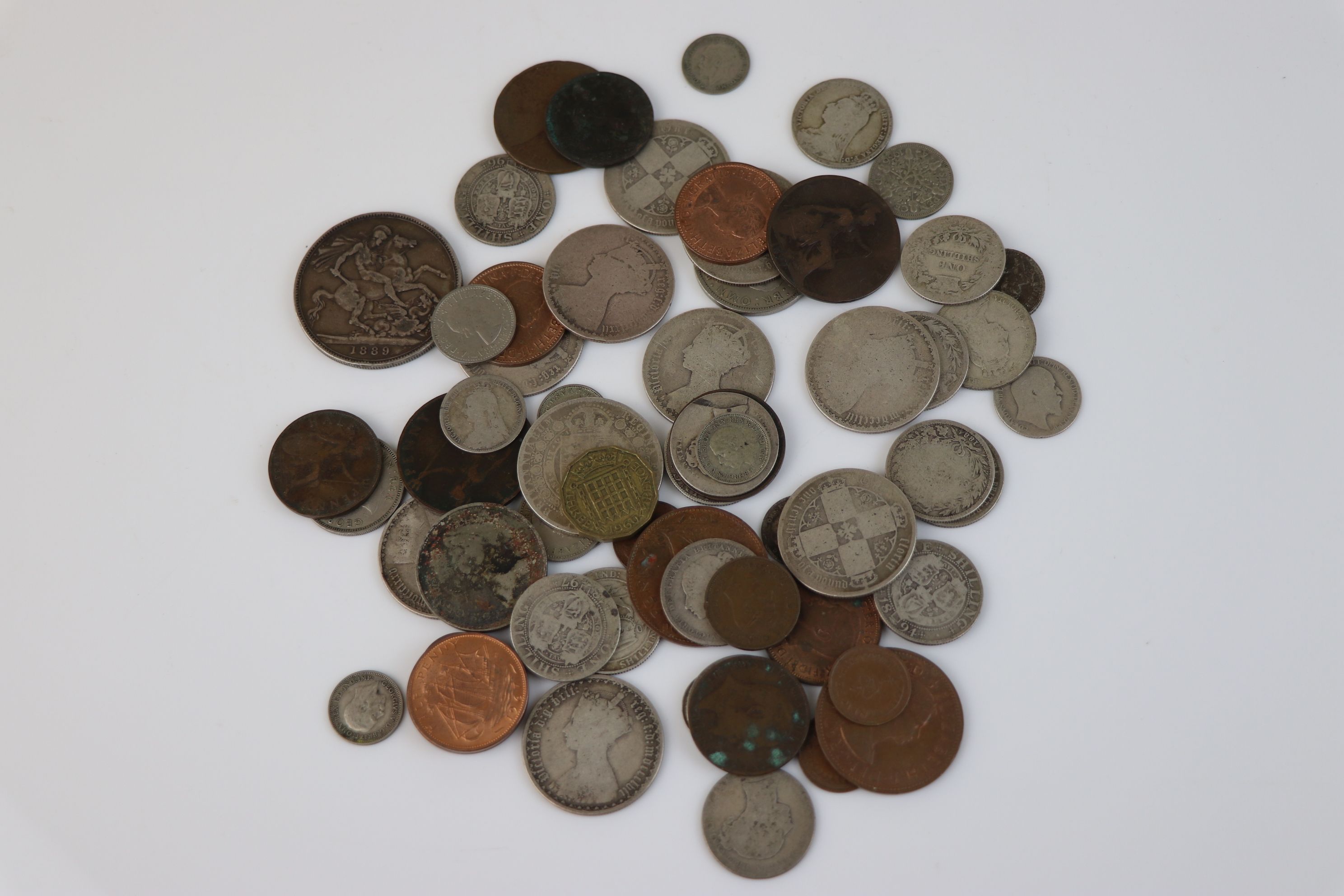 A quantity of British pre-decimal coins to include silver examples, silver examples include 1889