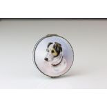 Continental enamelled silver trinket/ pill box, the hinged lid with enamelled Jack Russell dog's