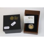 A cased Royal Mint office limited edition 2009 UK Britannia Quarter ounce gold proof coin,