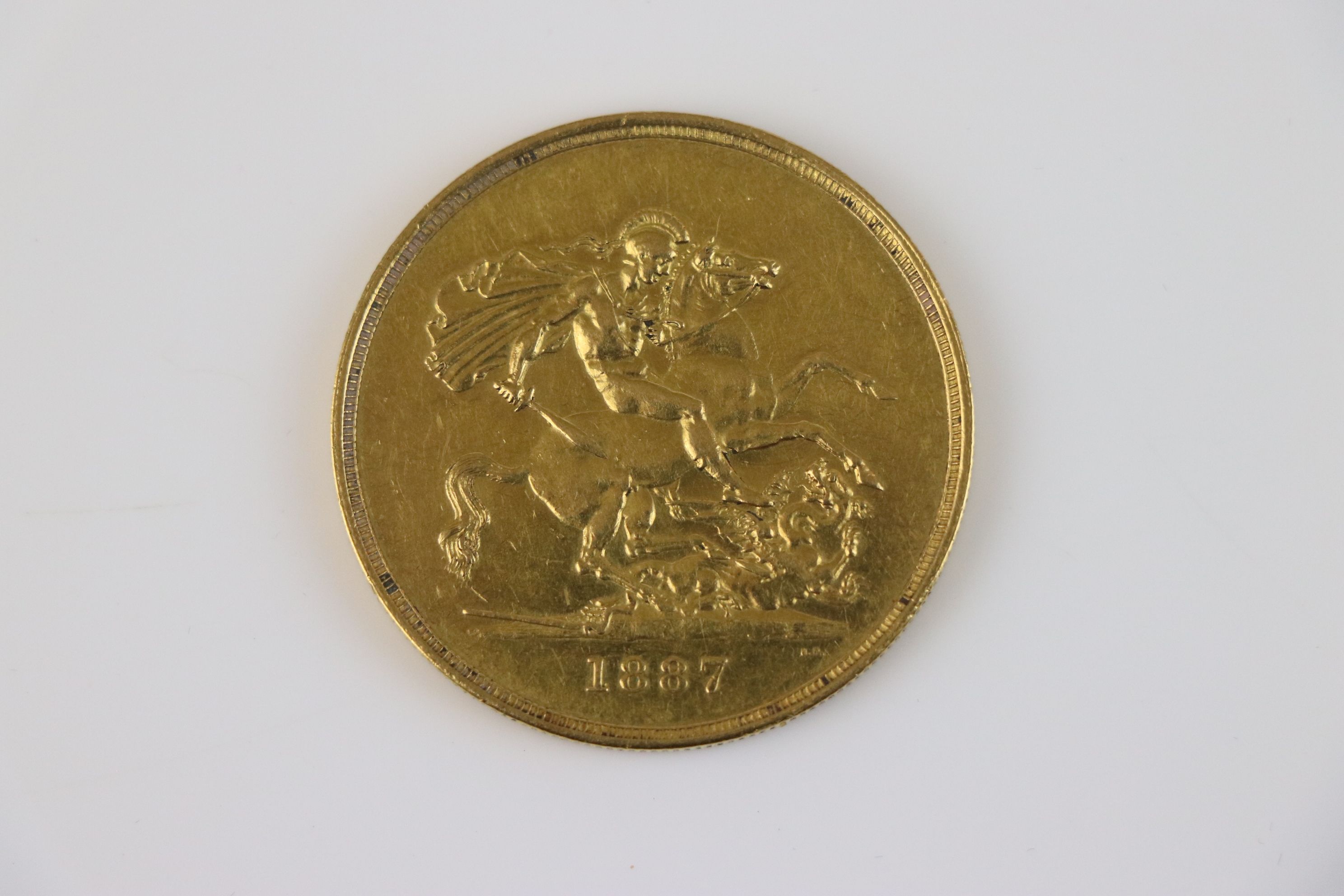 A Queen Victoria Jubilee Head 1887 Gold £5 coin.