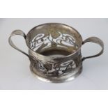Silver twin handled bowl, pierced ivy leaf and scroll decoration to body, fully hallmarked (af and