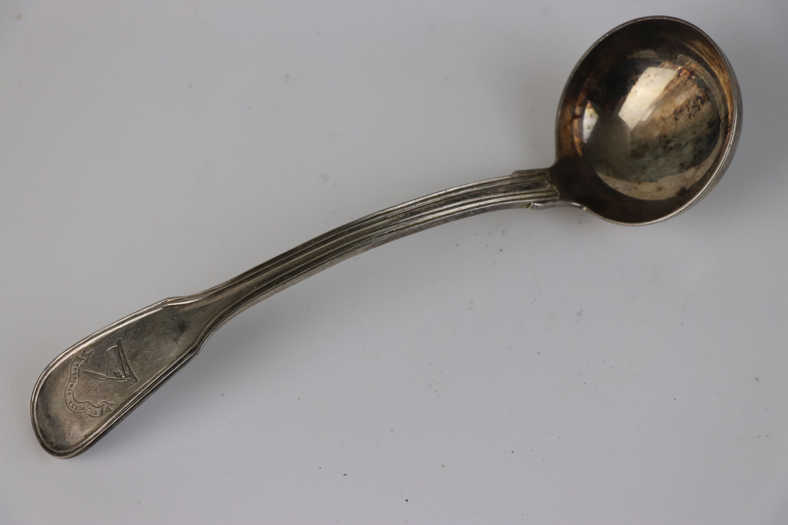 A fully hallmarked sterling silver Scottish sauce spoon, maker marked for John Murray or John