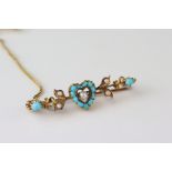 German 19th century turquoise and seed pearl 8ct gold sweetheart brooch, the central heart-shaped