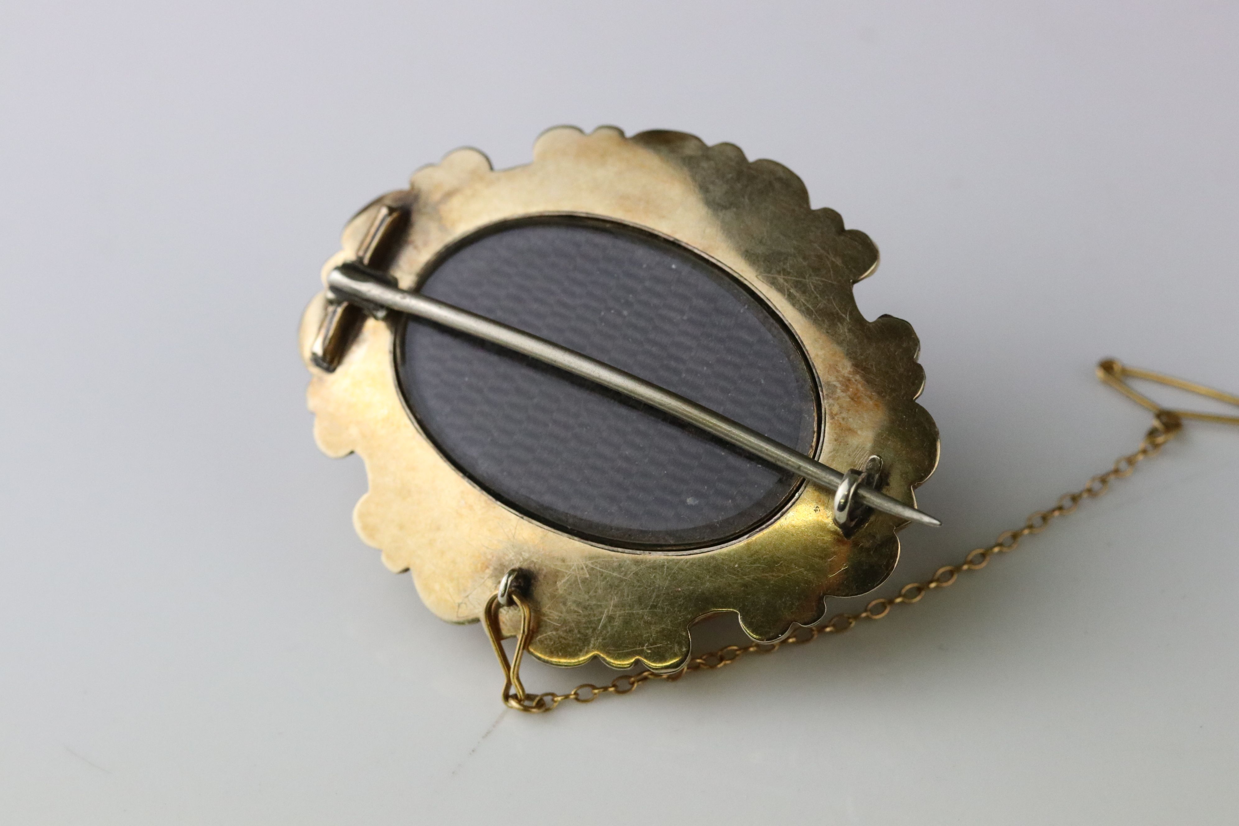 Victorian diamond, seed pearl and enamelled yellow metal brooch, the central raised blue enamelled - Image 4 of 5