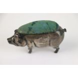 A fully hallmarked sterling silver pin cushion in the form of a pig, hallmarks rubbed and