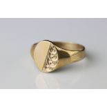 9ct yellow gold signet ring, oval blank cartouche with engraved scroll decoration, tapered