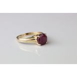 Ruby 14ct yellow gold solitaire ring, four claw setting, textured shoulders, ring size P½