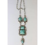 Turquoise silver Mexican pendant necklace, square and lozenge cabochon cut turquoise stones,