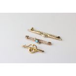 Edwardian turquoise and seed pearl unmarked gold bar brooch; 9ct gold floral bar brooch together