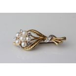 Pearl and diamond 9ct yellow and white gold floral spray brooch, five cream pearls with pink lustre,