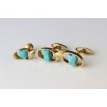 Pair of turquoise 18ct yellow gold cufflinks together with matching tie pin, tumbled turquoise stone