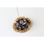 Victorian diamond, seed pearl and enamelled yellow metal brooch, the central raised blue enamelled