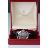 A Gents Omega Geneve stainless steel automatic day date wristwatch with box, original purchase