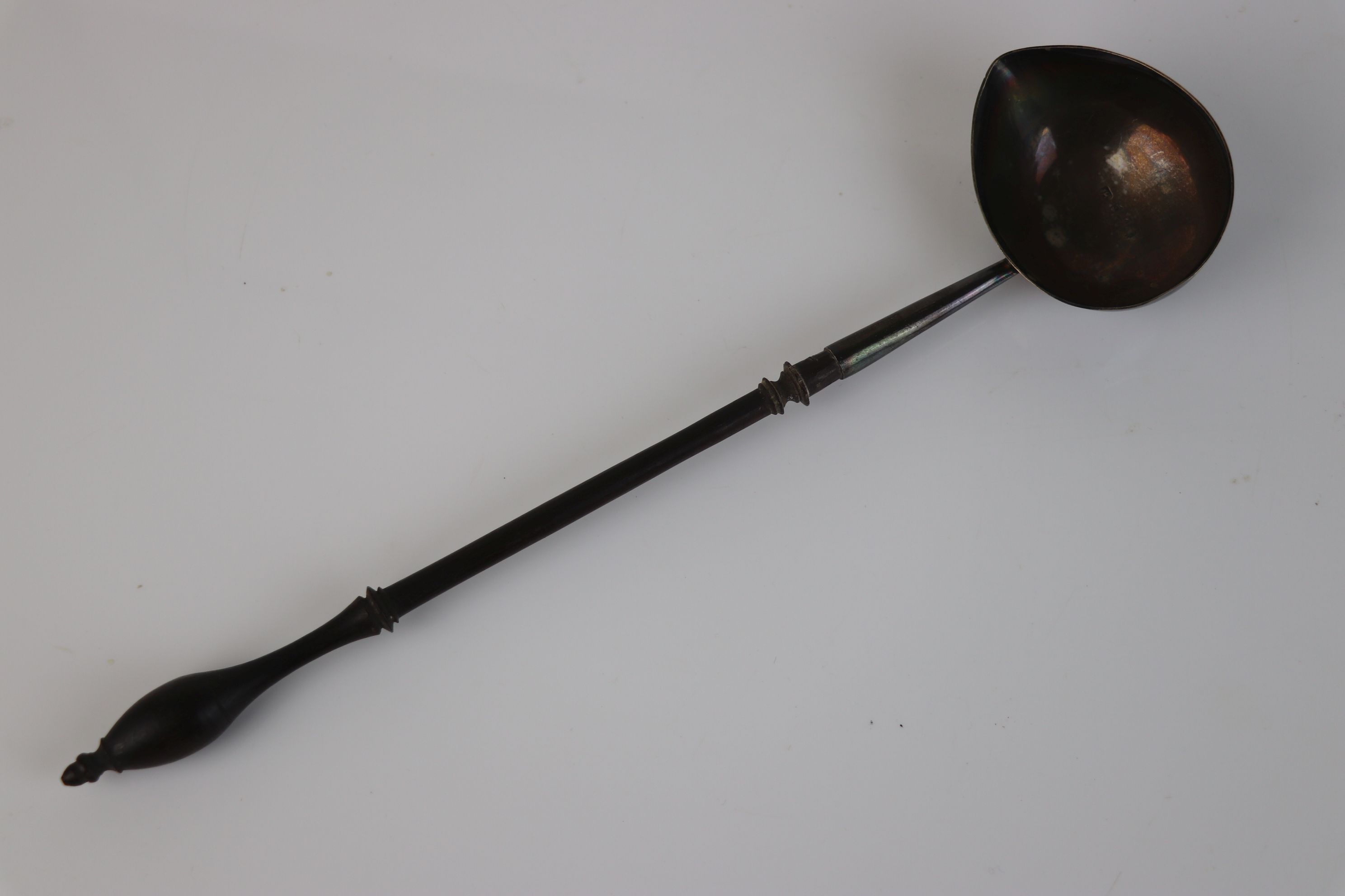 George II silver wooden stemmed toddy ladle, makers initials possible WI, hallmarked London 1757,