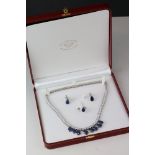 Cubic ziconia silver suite comprising riviere drop necklace and drop earrings with post and