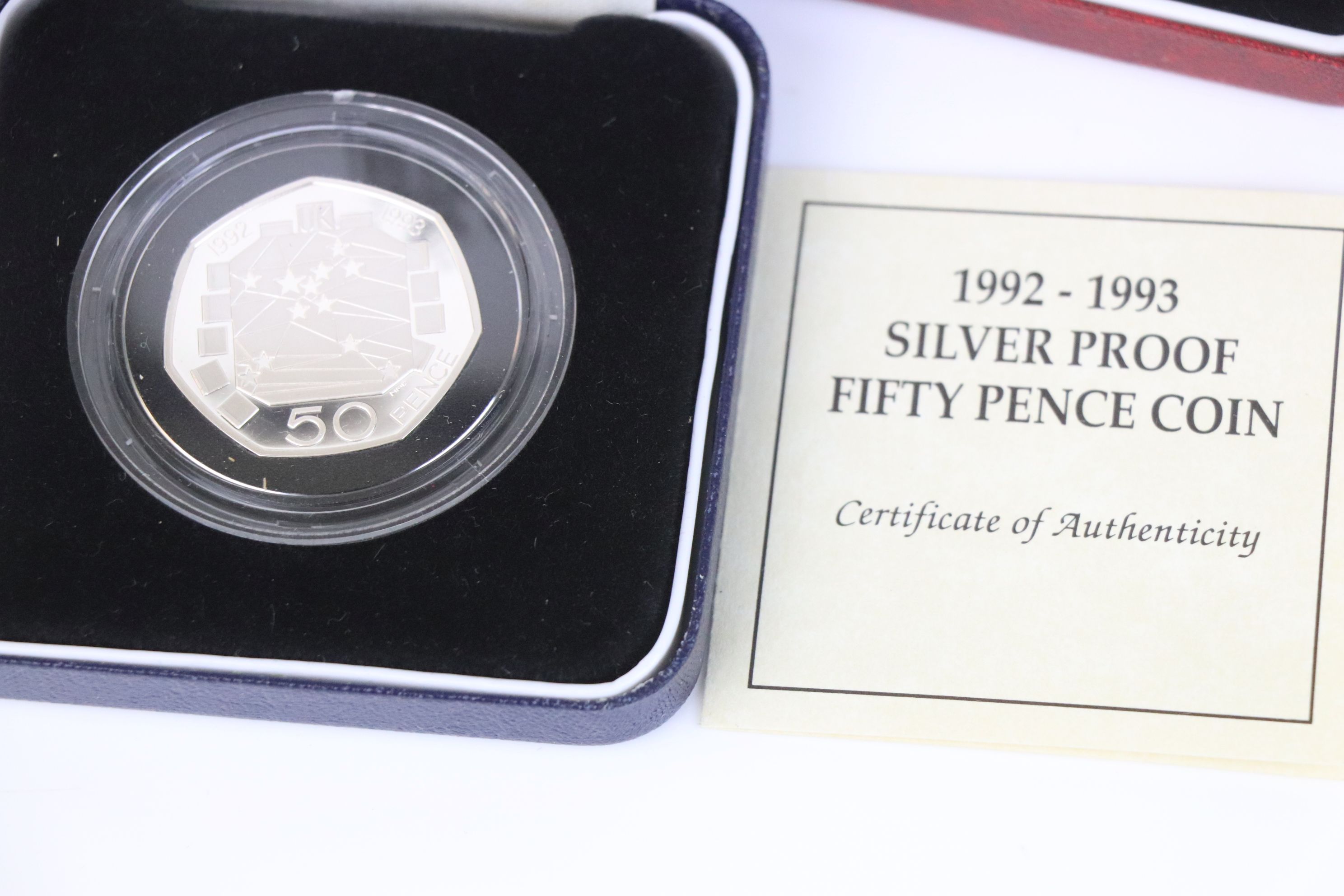 Three cased Royal Mint silver proof coin sets to include the 1992-1993 silver proof fifty pence - Image 6 of 6