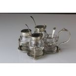Victorian Silver Quatrefoil Cruet Stand holding Pair of Glass Mustards with Silver Lids and