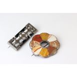 Victorian agate unmarked silver brooch, eight agate panels set to circular brooch, hinged pin and