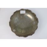 Silver pedestal dish, engraved personalisation to centre, pie crust border, makers Barker Brothers