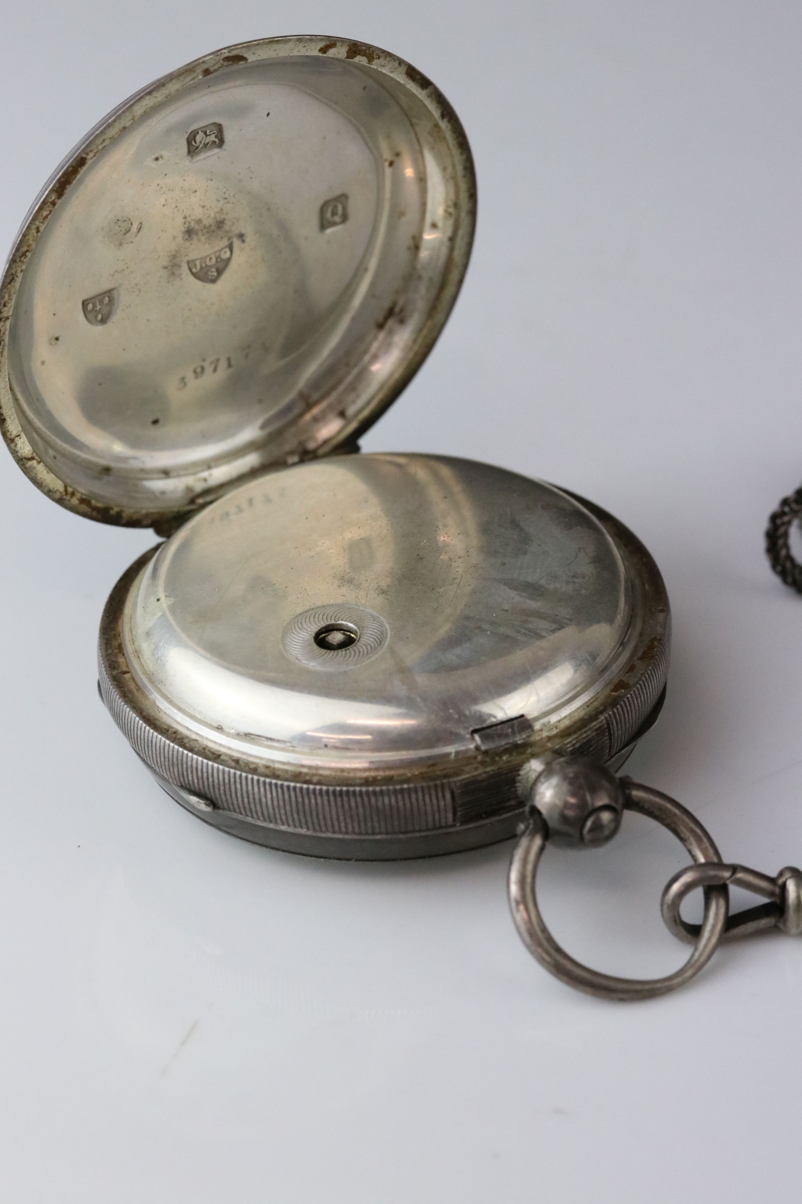 Victorian silver open face key wind pocket watch, J G Graves Sheffield, white enamel dial and - Image 5 of 7