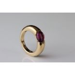 Pomellato tourmaline 18ct yellow gold ring, the cabochon cut asymmetric pink tourmaline measuring