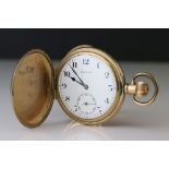 Gold plated full hunter Stayte pocket watch, white enamel dial and subsidiary dial, black Arabic