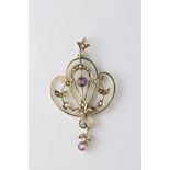 Edwardian amethyst and seed pearl 9ct yellow gold pendant, openwork sinuous design, leaf and