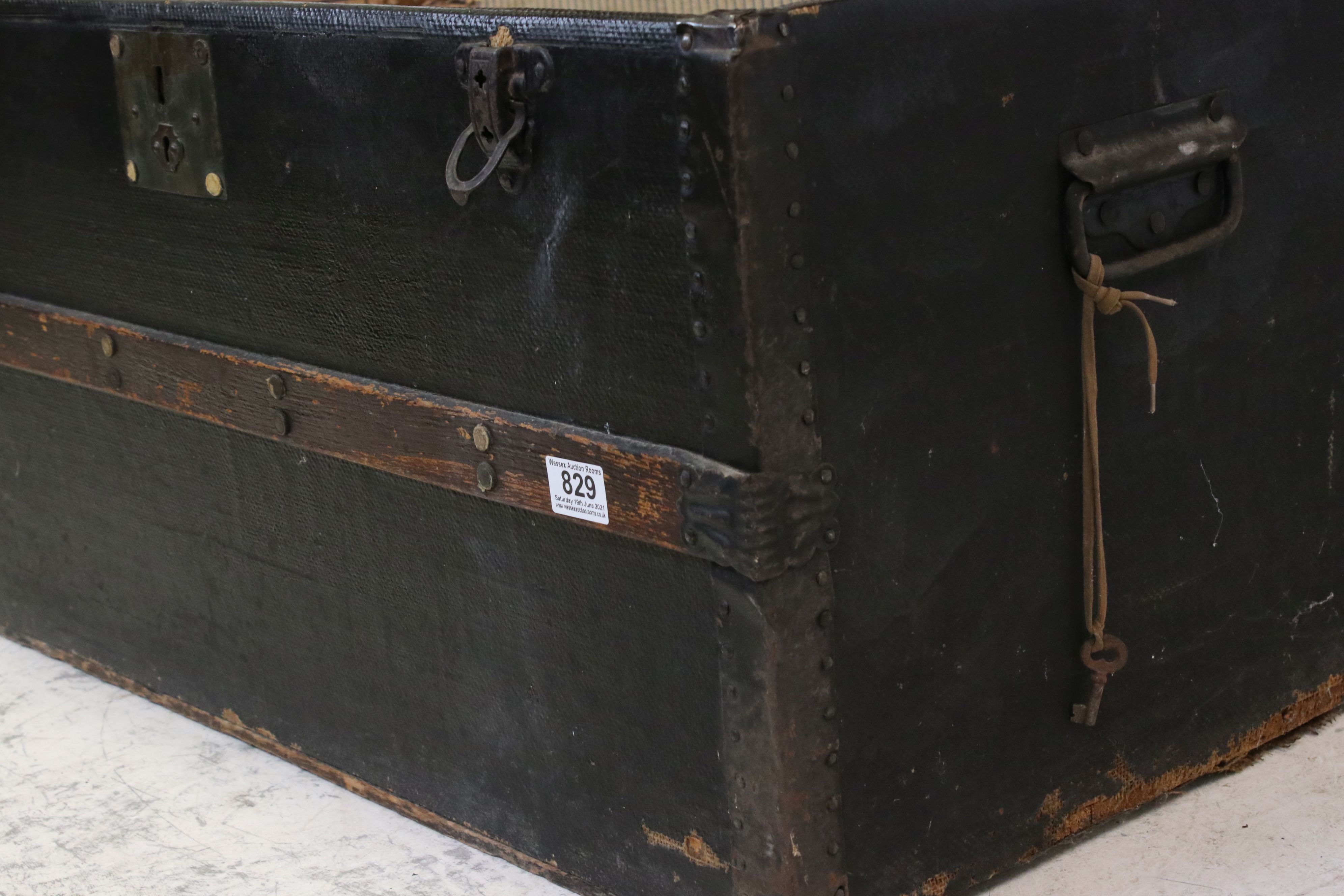 Victorian Canvas covered and Wooden Bound Domed Top Travelling Trunk, 84cms wide x 60cms high - Image 4 of 5