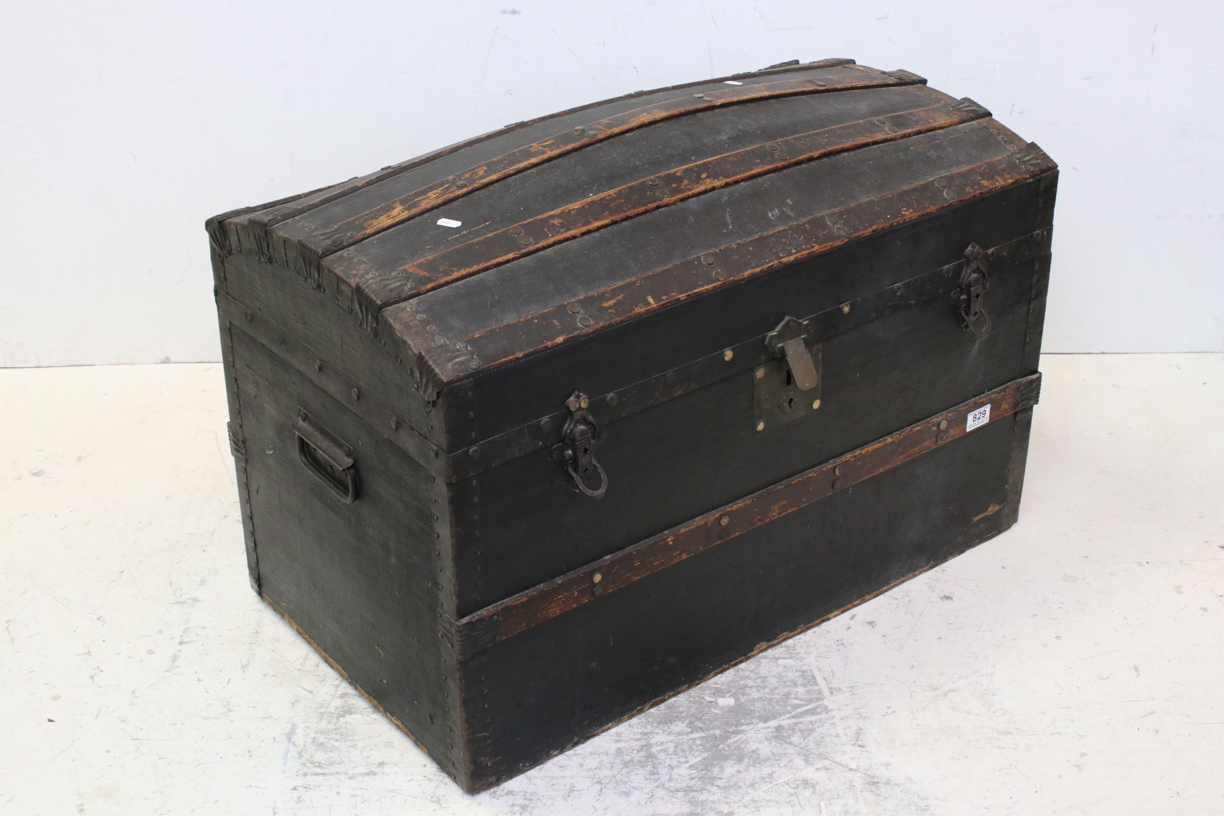 Victorian Canvas covered and Wooden Bound Domed Top Travelling Trunk, 84cms wide x 60cms high