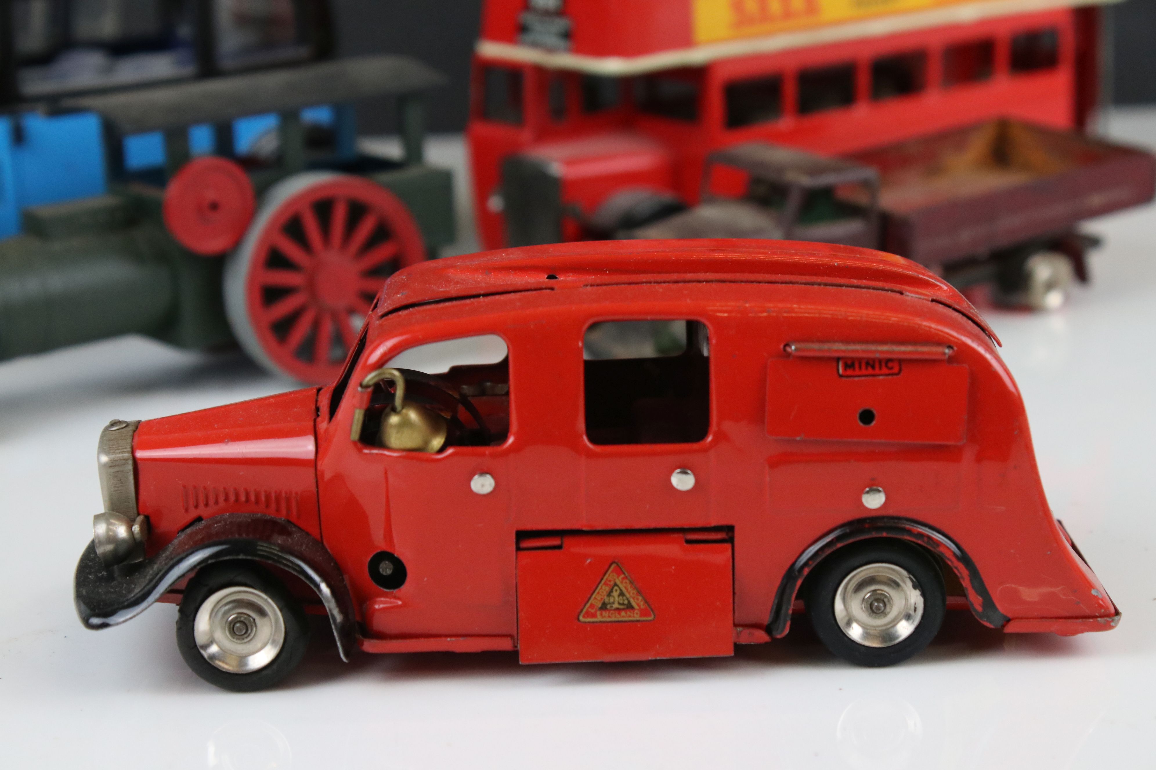 Five diecast / tin plate / plastic models to include Clockwork Triang Minic Bus, Triang Minic fire - Image 2 of 11