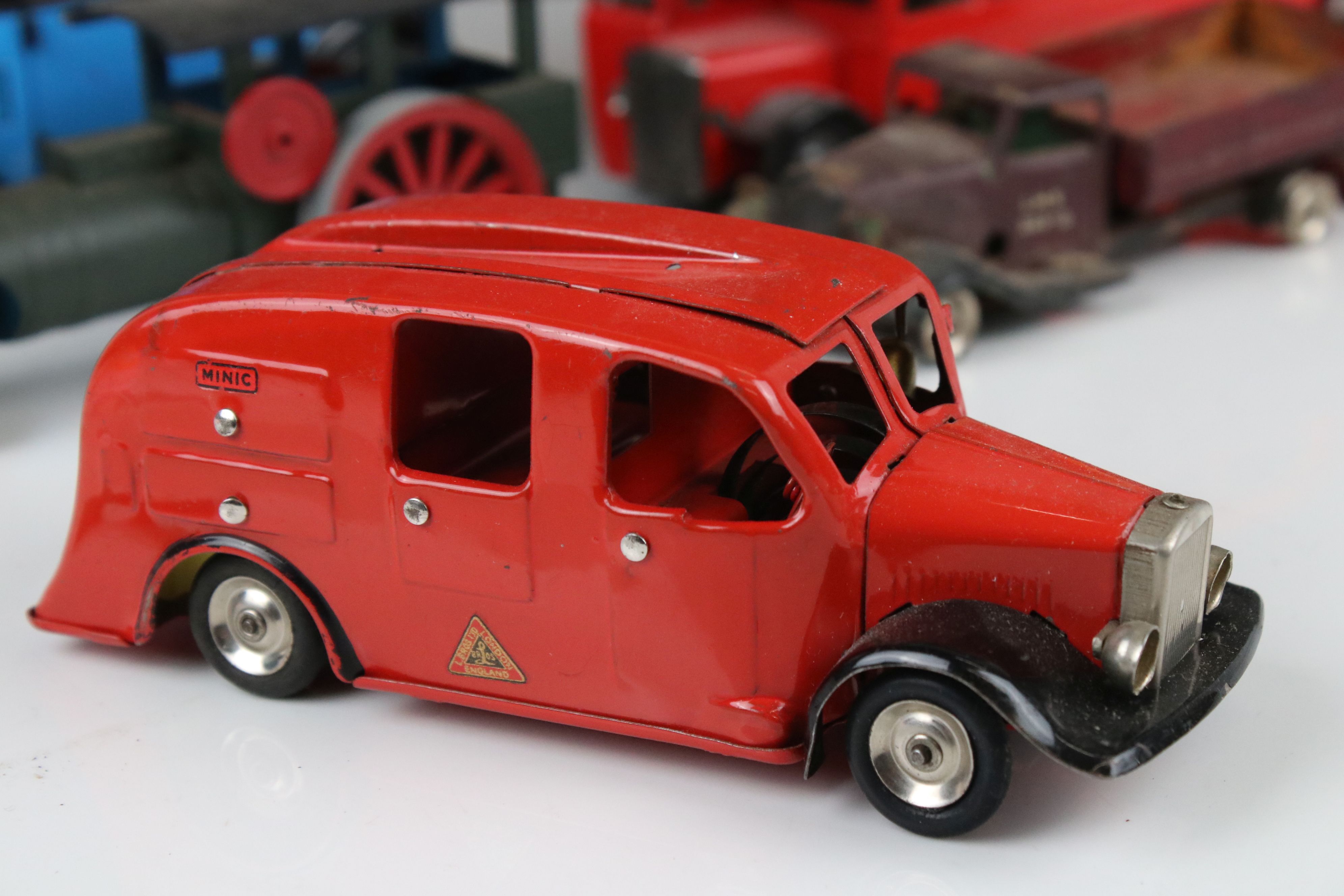 Five diecast / tin plate / plastic models to include Clockwork Triang Minic Bus, Triang Minic fire - Image 3 of 11