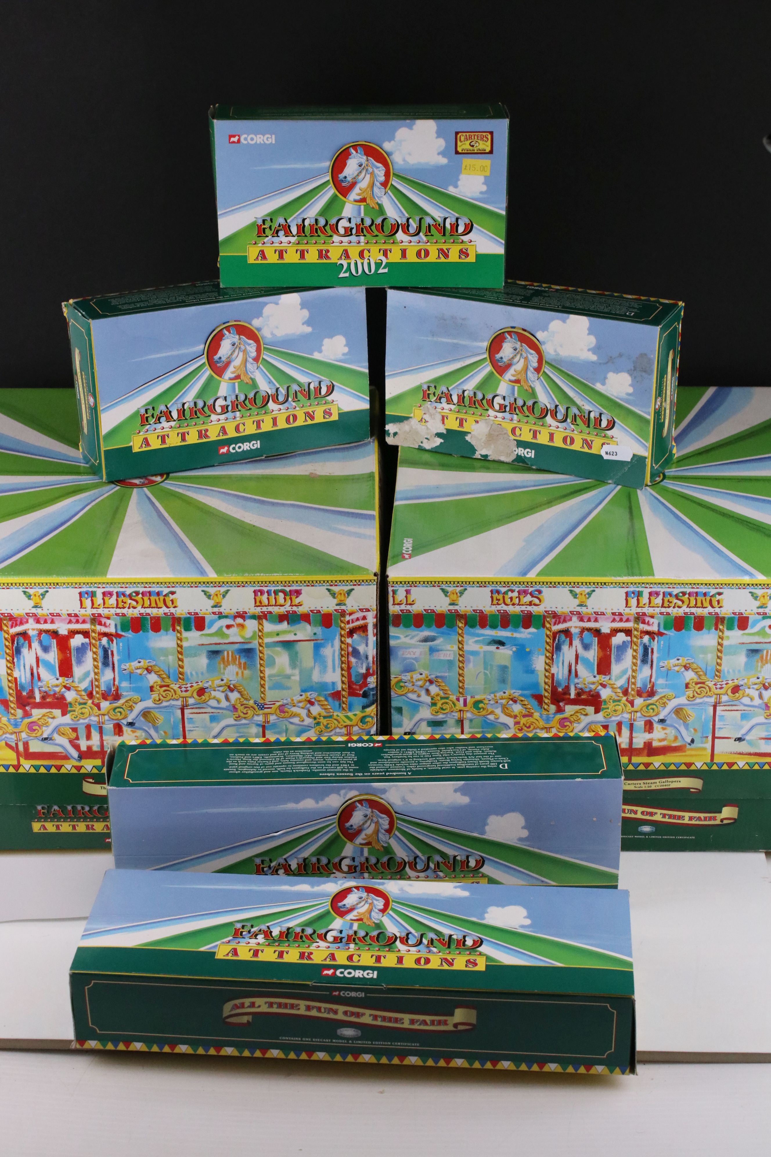 Seven boxed 1/50 Corgi Fairground Attractions models to include CC20401 The South Down Gallopers,