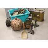 Mixed Lot of Metalware including Brass Fire Irons, Spelter Tiger, Rocking Horse and Rider,