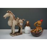 Three items of Ceramics including Monkey in an egg, Girl in the bath and a Tang style Horse